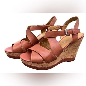 Women's Franco Sarto L-Shiver Platform Cork Wedge Sandal, Cognac, Size 9​​​​